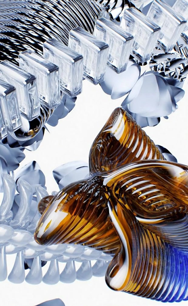 Abstract generative render — amber glass forms